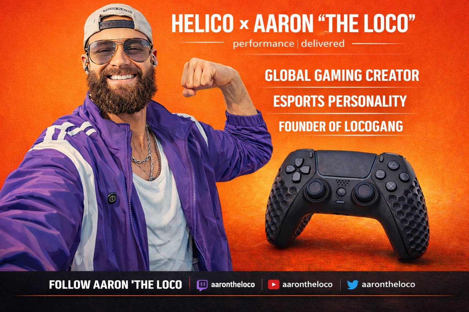Promotional graphic for Helico x Aaron "The Loco" partnership. Shows the Global Gaming Creator and founder of LOCOGANG flexing next to a black Helico HexaVent series custom controller. The background is vibrant orange with links to follow his Twitch, YouTube, and Twitter.