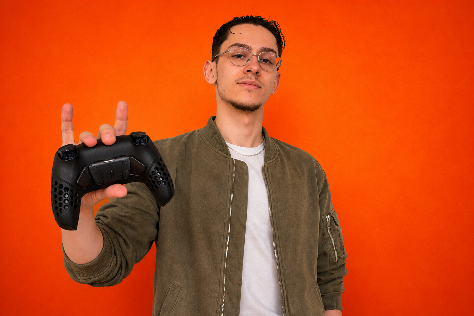 LeTsHe holding a Helico HexaVent gaming controller against an orange background.
