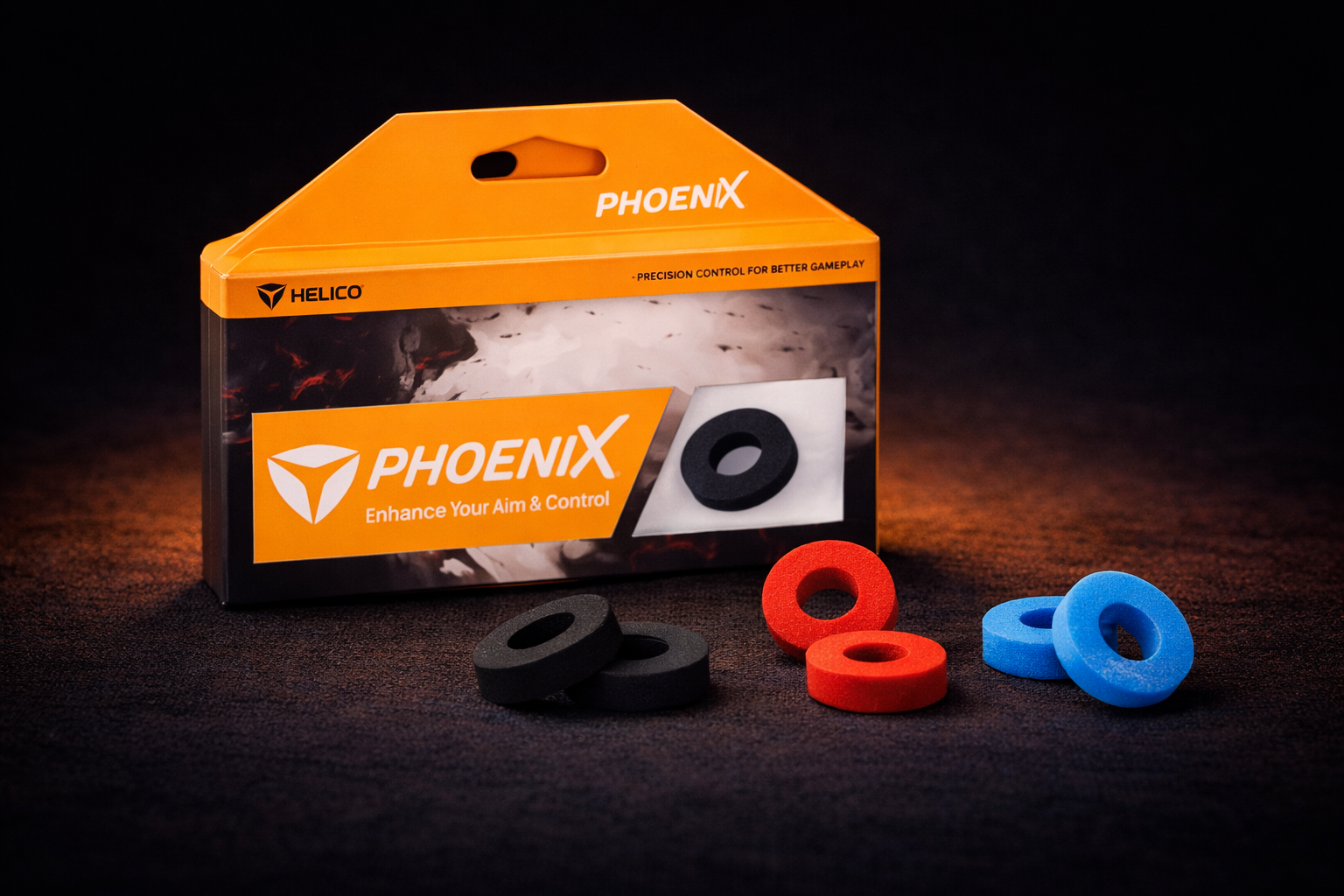 Phoenix packaging with black, red, and blue rubber rings on a dark background