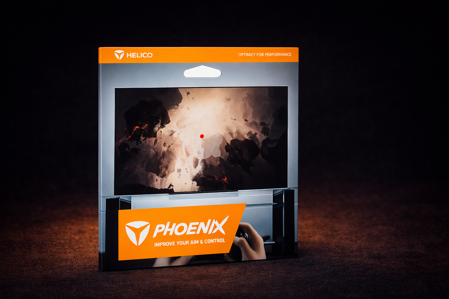 Official packaging of Helico Phoenix Visors. Shows a gaming monitor with the classic red dot screen decal applied, designed to enhance FPS precision.