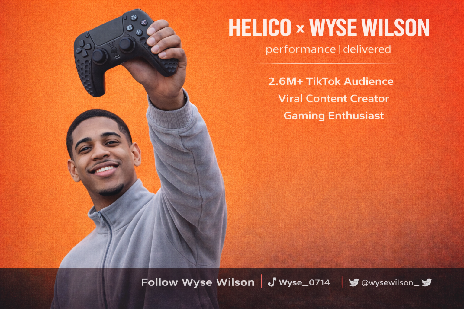 Helico x Wyse Wilson partnership banner. Viral TikTok content creator Wyse Wilson smiling and holding up a black Helico HexaVent custom gaming controller. Text highlights his 2.6M+ audience.