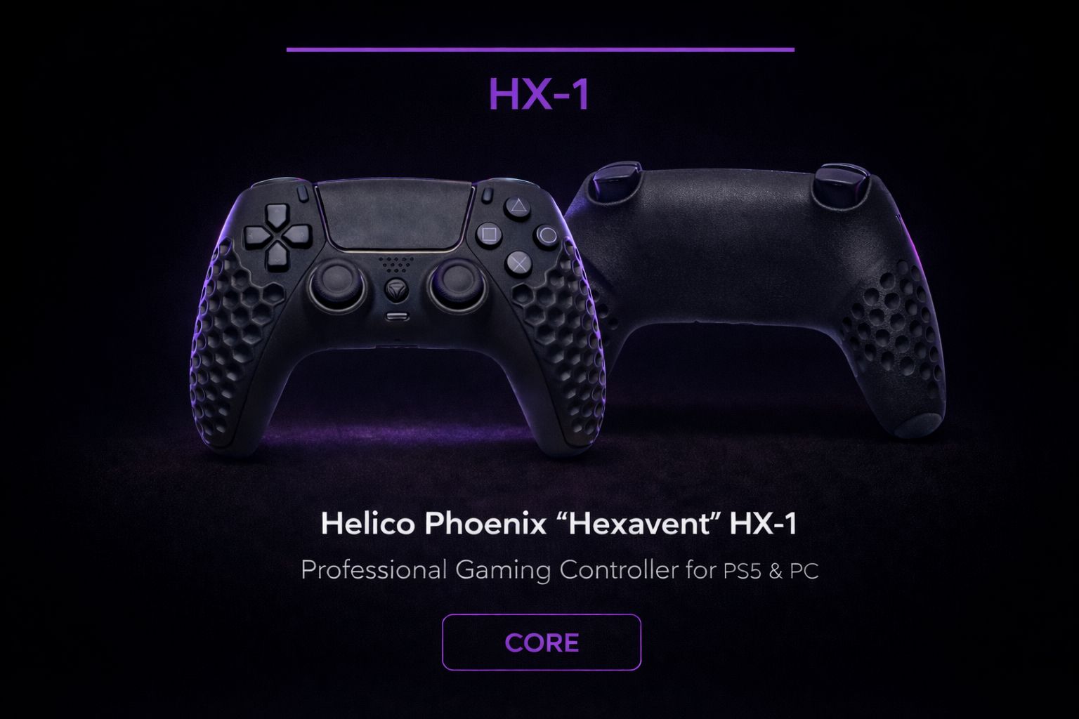Front and back view of the Helico Phoenix HexaVent HX-1 Core gaming controller for PS5 and PC. The image features two black custom controllers highlighting the signature honeycomb ventilated shell, illuminated by a purple ambient light.