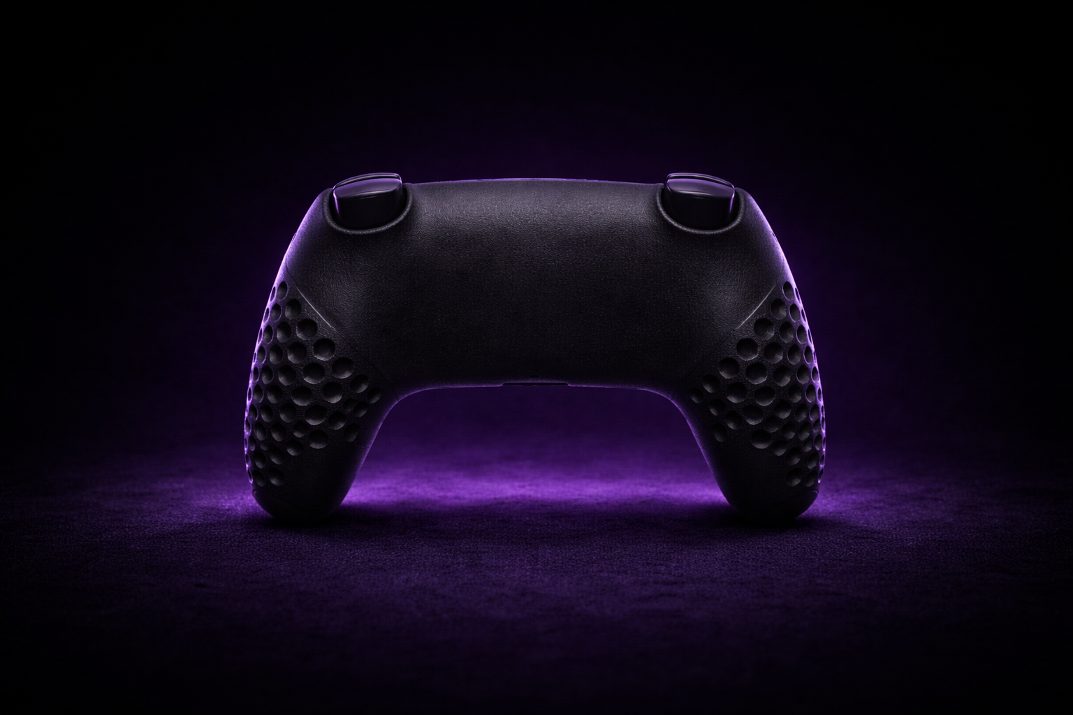 Rear view of the black Helico HexaVent HX-1 Core custom PS5 and PC controller. Bathed in purple ambient light, the image highlights the clean, paddle-free back panel and the signature honeycomb ventilated grips on the sides.