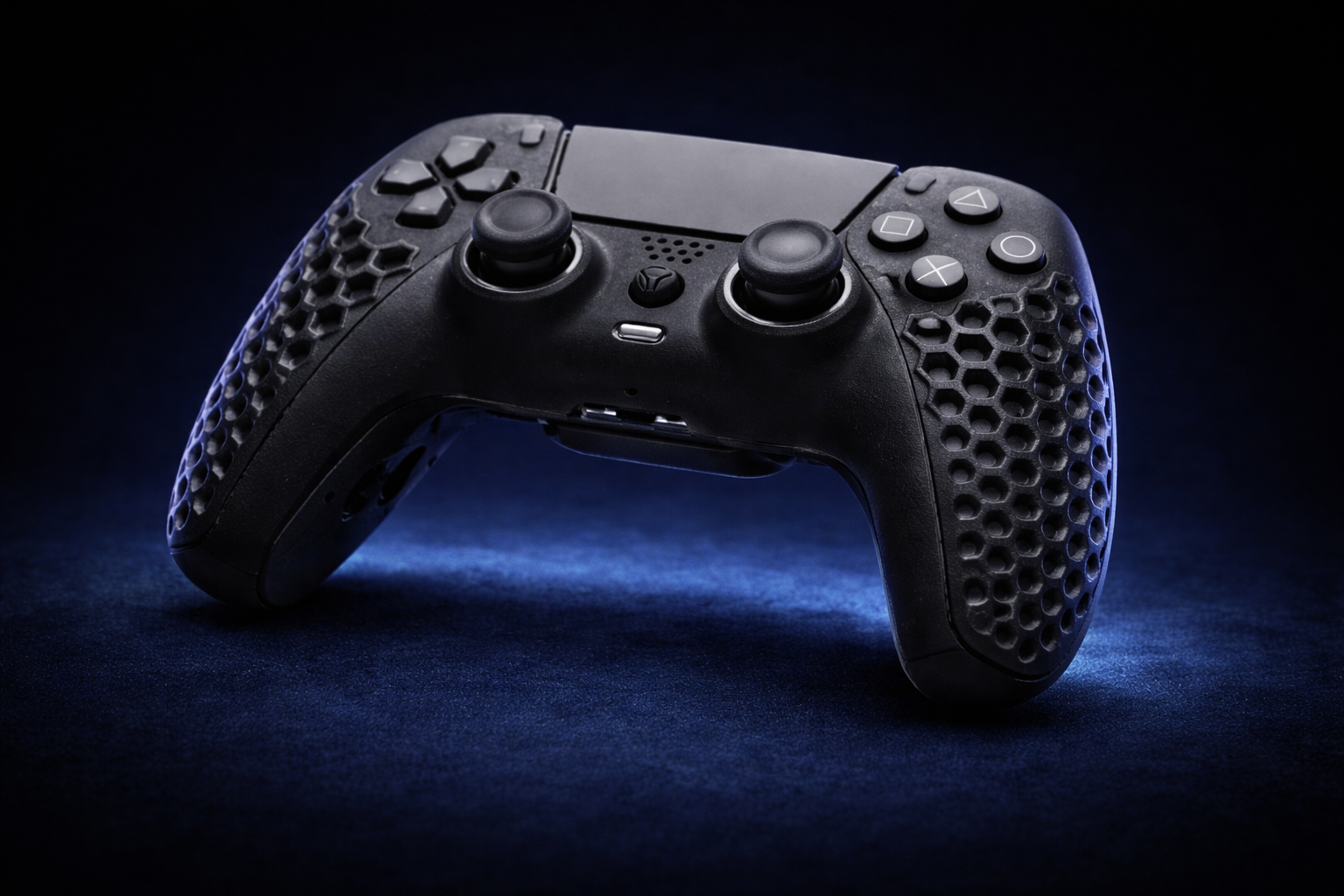 Dynamic angled view of the black Helico HexaVent HX-2 custom controller for PS5 and PC. The cool blue lighting emphasizes the depth of the honeycomb ventilated shell and the profile of the tactile action buttons and thumbsticks