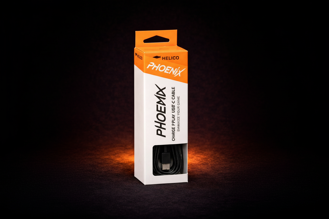 Retail presentation of the Helico Phoenix Charge & Play USB-C cable packaging. The white and orange box features a bottom cutout revealing the reinforced braided black cable, illuminated by a warm orange glow on a dark background.