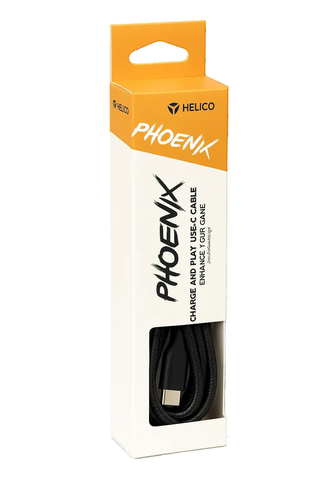 Retail packaging for the Helico Phoenix Charge and Play USB-C Cable. The white and orange box features a cutout showing the black braided fast-charging cable, isolated on a transparent background.
