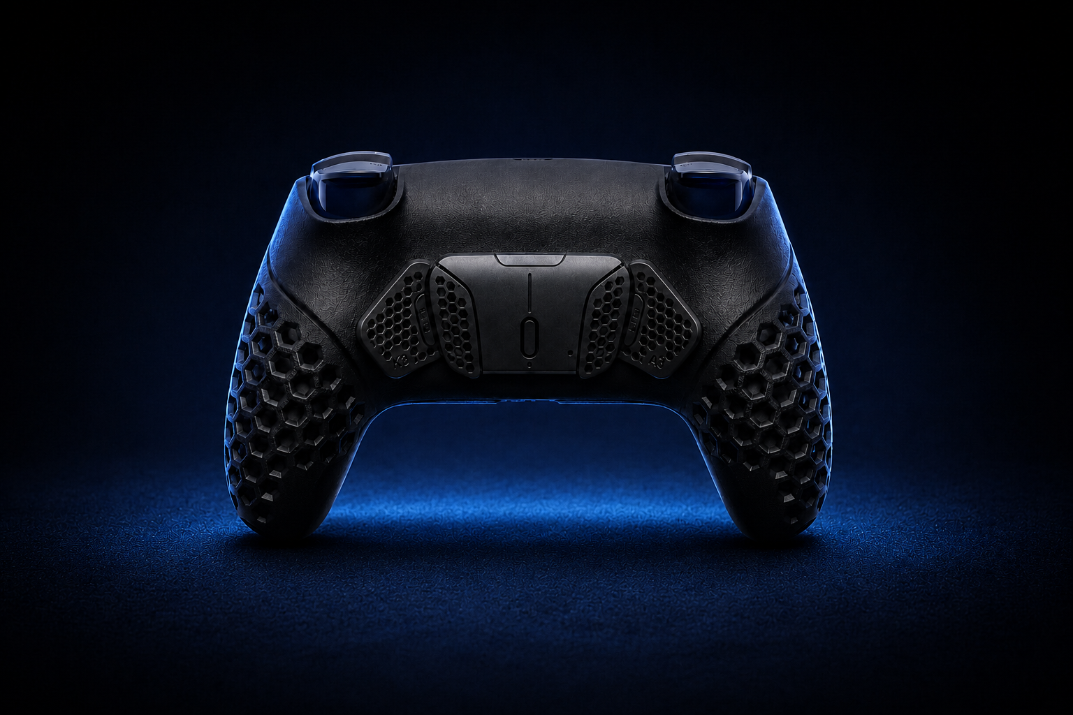 HELICO PHOENIX HEXAVENT black gaming controller shown from the back with hexagonal textured grips and blue lighting on a dark background