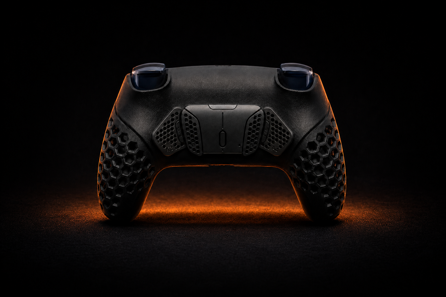 HELICO PHOENIX HEXAVENT black gaming controller shown from the back with hexagonal textured grips and orange lighting on a dark background
