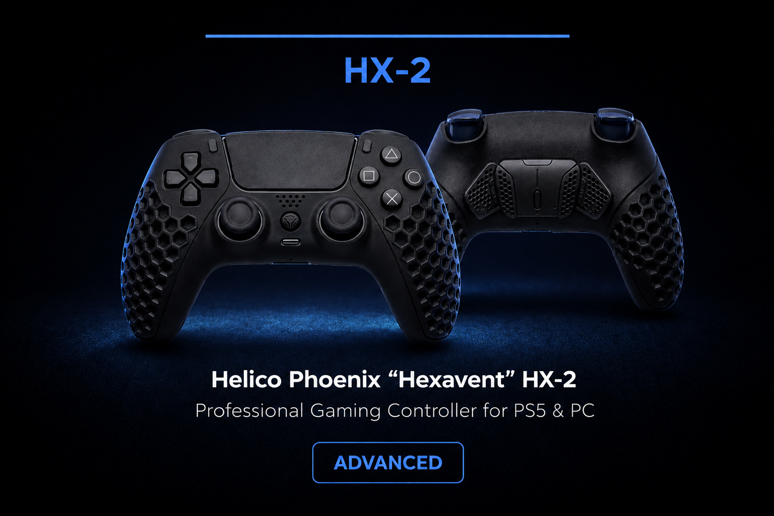 HELICO PHOENIX Hexavent HX-2 advanced gaming controller for PS5 and PC with front and back views on a dark background with blue lighting