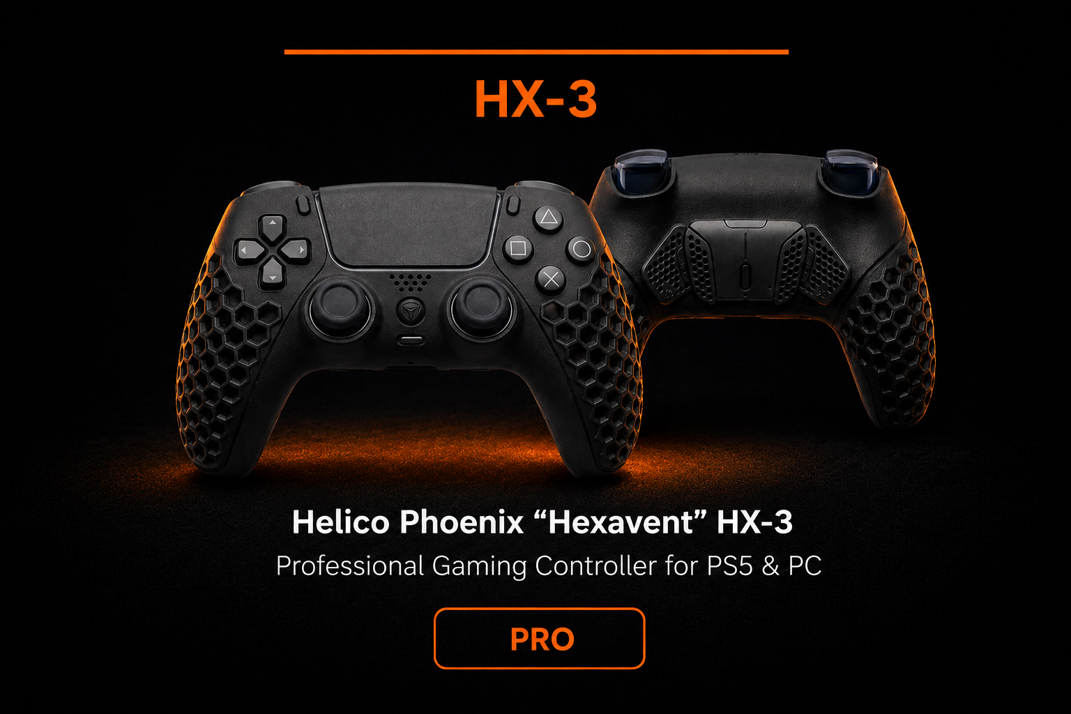 HELICO PHOENIX Hexavent HX-3 Pro gaming controller for PS5 and PC with front and back views on a dark background with orange lighting