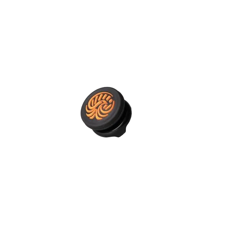 Close-up of a single black and orange Helico Phoenix Thumbstick Enhancer for PS5 and PC controllers. The angled view highlights the high-profile design, secure mounting base, and the anti-slip Phoenix logo surface texture, isolated on a transparent background.