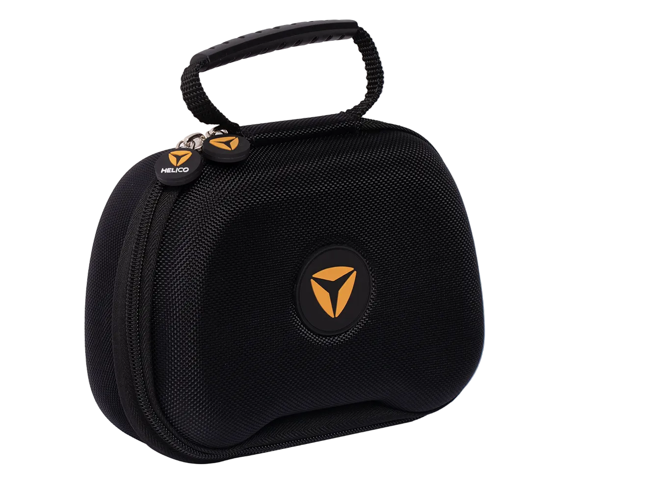 Angled view of the black Helico Phoenix Nest protective travel case for custom PS5 and PC controllers. The image highlights the custom Helico zipper pulls, textured hard-shell exterior, and central orange logo badge, isolated on a transparent background.