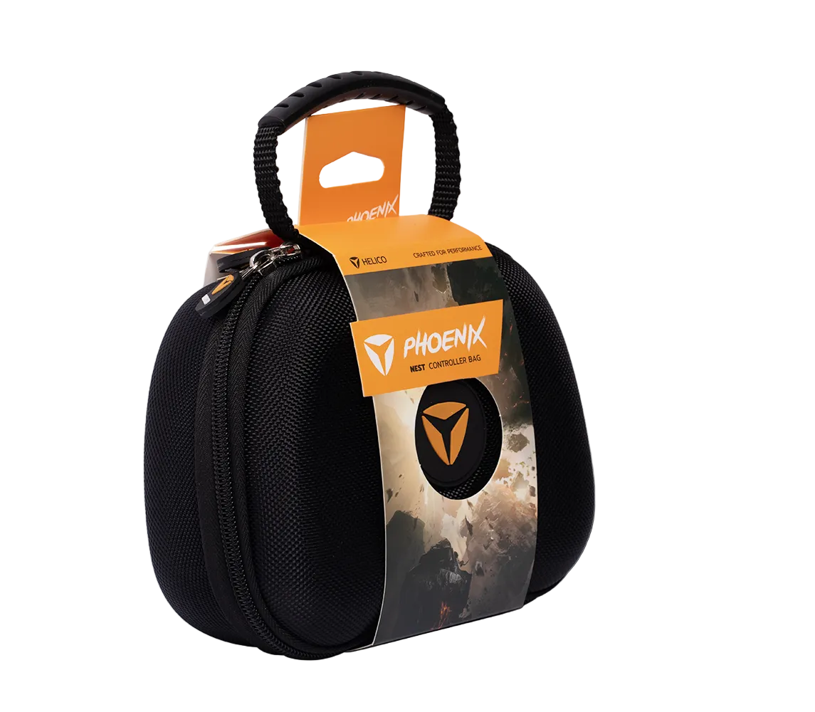 Angled 3/4 view of the Helico Phoenix Nest hard-shell controller bag for PS5 and PC. The image highlights the durable textured material, secure zipper closure, and the official retail sleeve reading "Crafted for Performance", isolated on a transparent background.