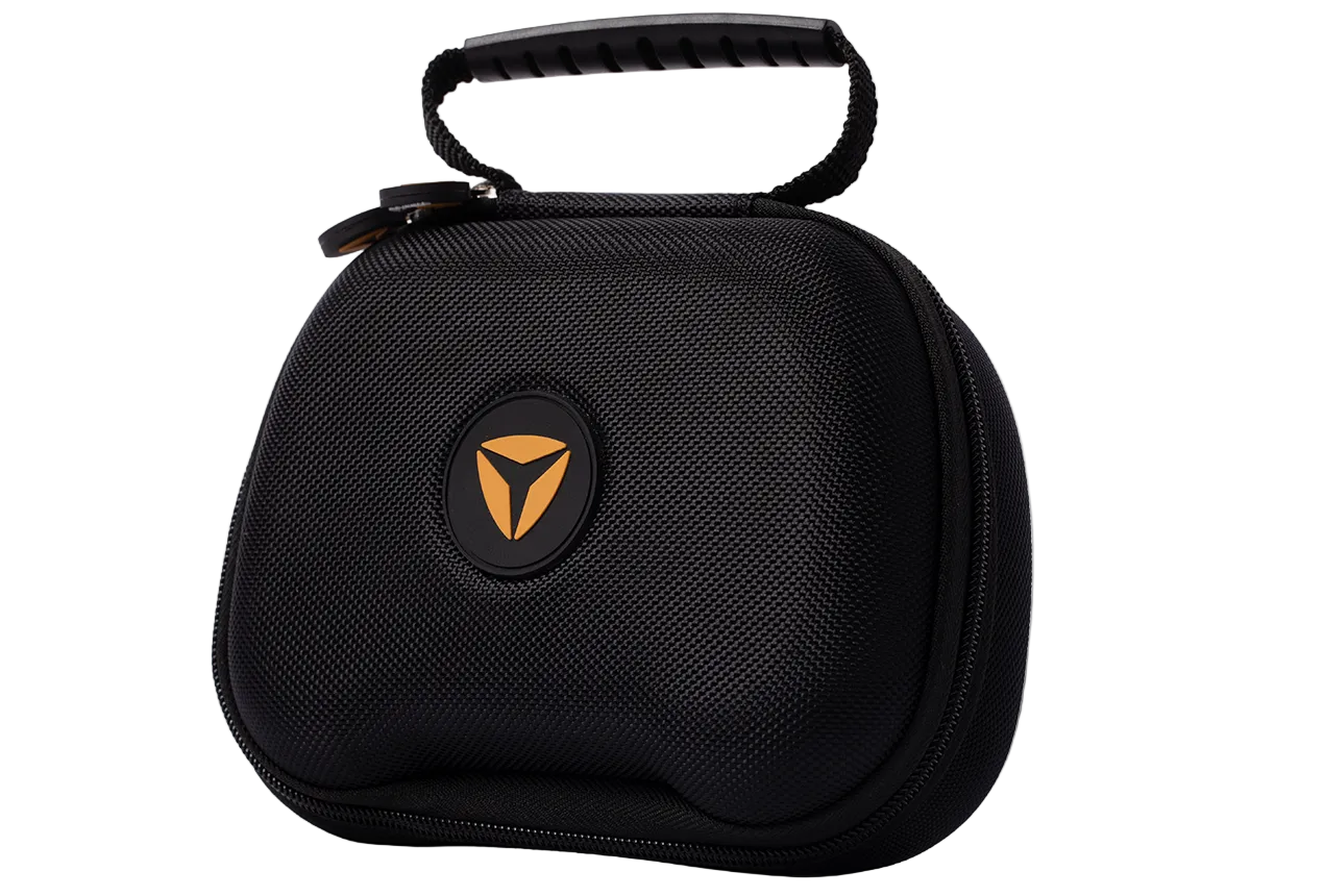 Front view of the bare Helico Phoenix Nest hard-shell travel case for custom PS5 and PC controllers. The black protective bag features a prominent orange Helico logo badge, durable textured exterior, and reinforced carry handle, isolated on a transparent background.