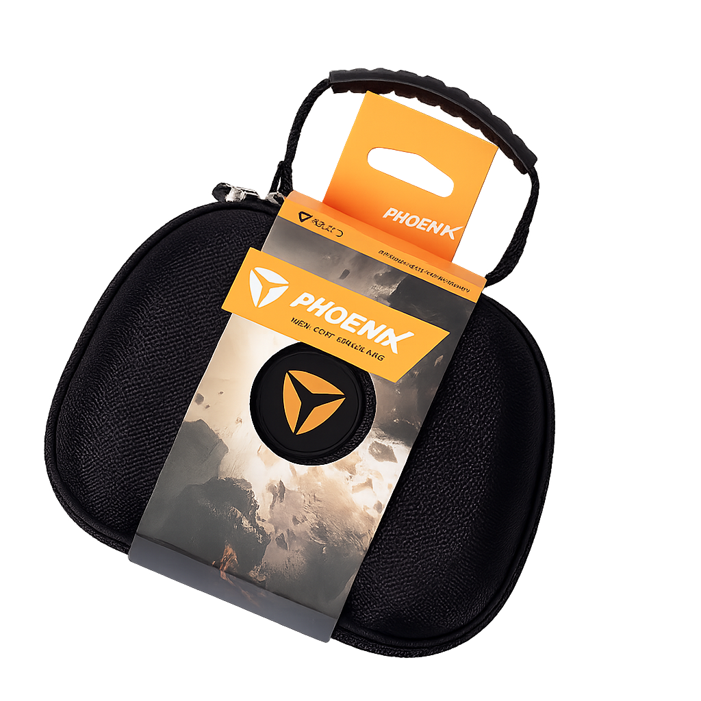 Top-down view of the Helico Phoenix Nest hard-shell travel case for custom PS5 and PC controllers. The black textured protective case features a reinforced carry handle and the official orange Phoenix retail sleeve, isolated on a transparent background.