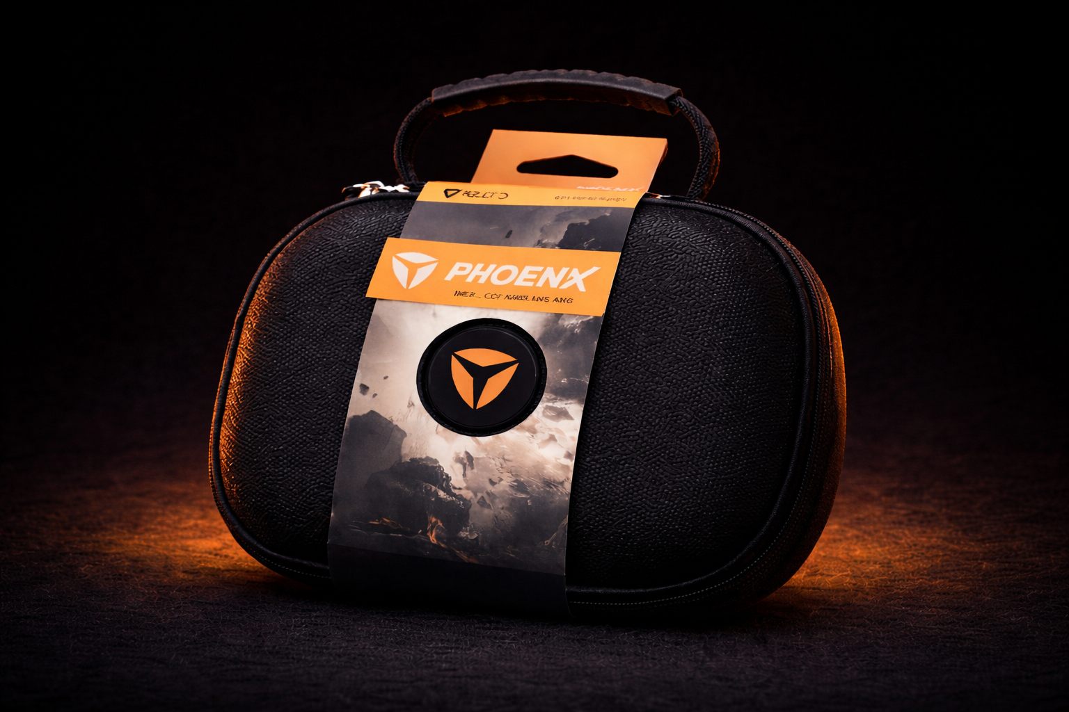 Retail presentation of the Helico Phoenix Nest hard-shell protective travel case for PS5 and PC controllers. The black textured case features a reinforced carry handle and an orange Phoenix brand sleeve, highlighted by warm ambient lighting.