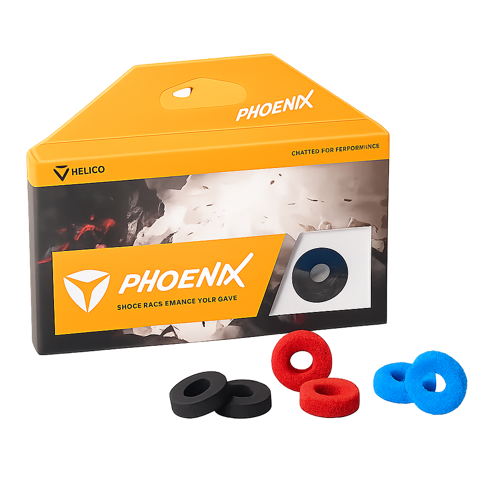 Official packaging of the Helico Phoenix Shock Rings. The image displays the orange retail box alongside three pairs of reinforced silicone impact-dampening rings in black, red, and blue, isolated on a transparent background.
