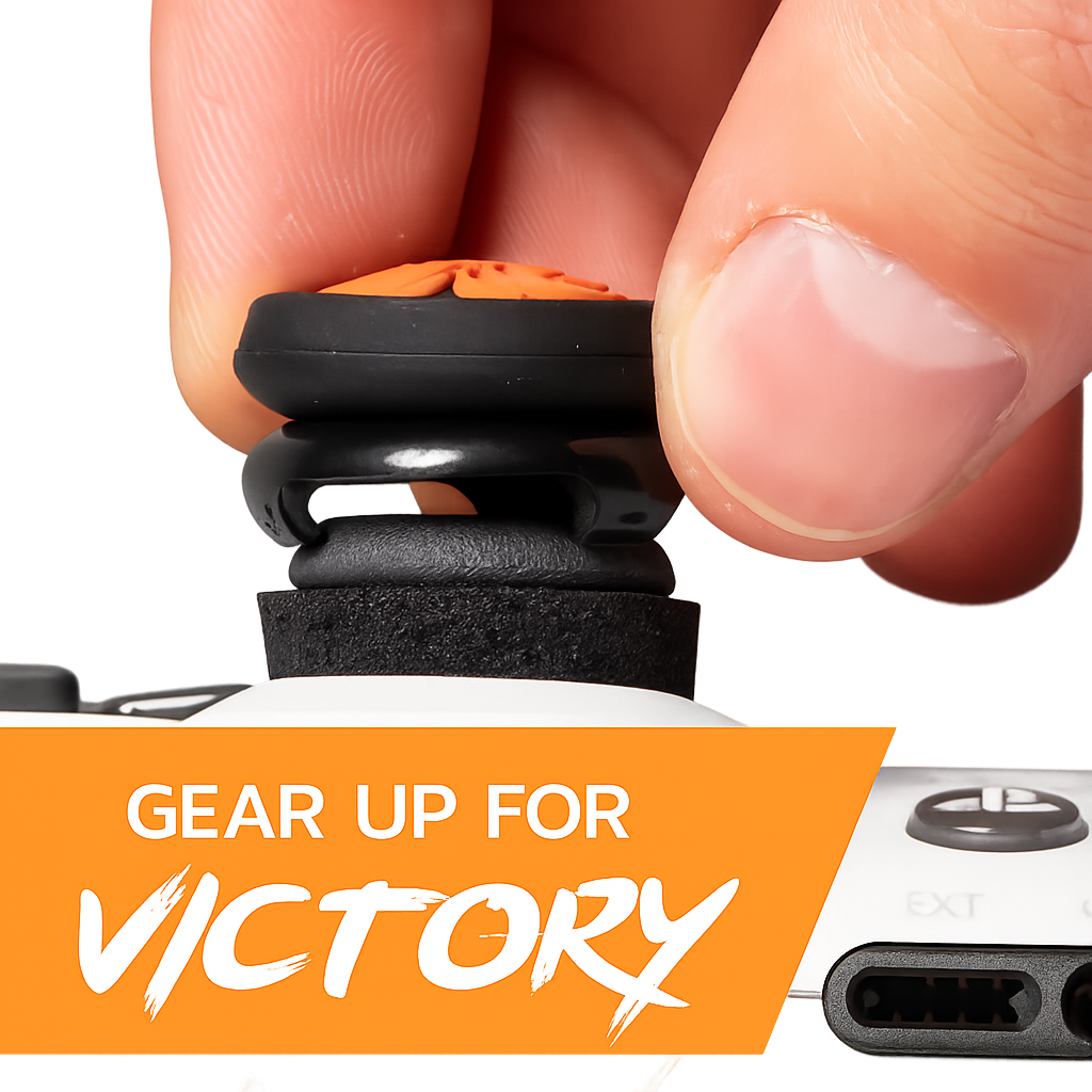 Close-up of a hand installing the black and orange Helico Phoenix Thumbstick Enhancer onto a white PS5 controller. The image demonstrates tool-free installation and features a "Gear Up for Victory" promotional banner on a transparent background.