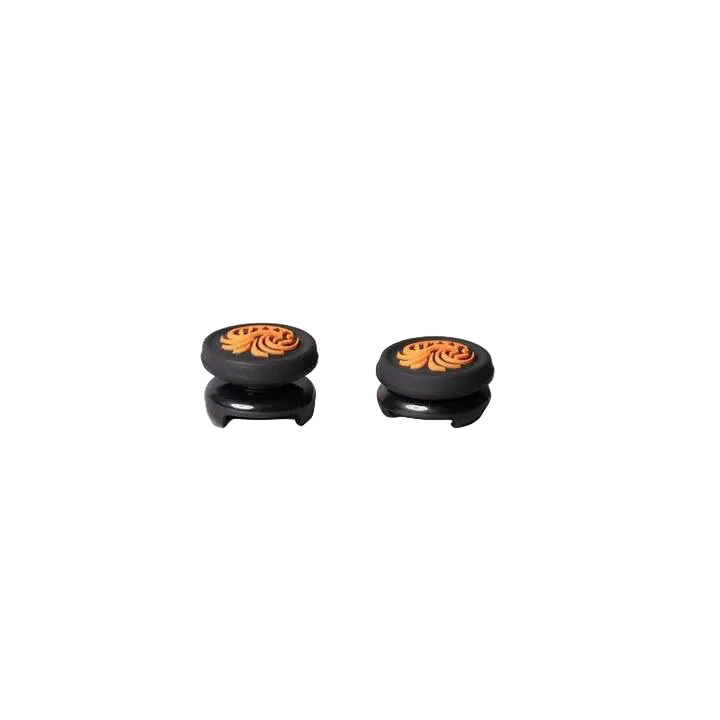Set of two black and orange Helico Phoenix Thumbstick Enhancers for custom PS5 and PC controllers. The image highlights the mixed-height profile and anti-slip surface texture featuring the Phoenix logo, isolated on a transparent background.