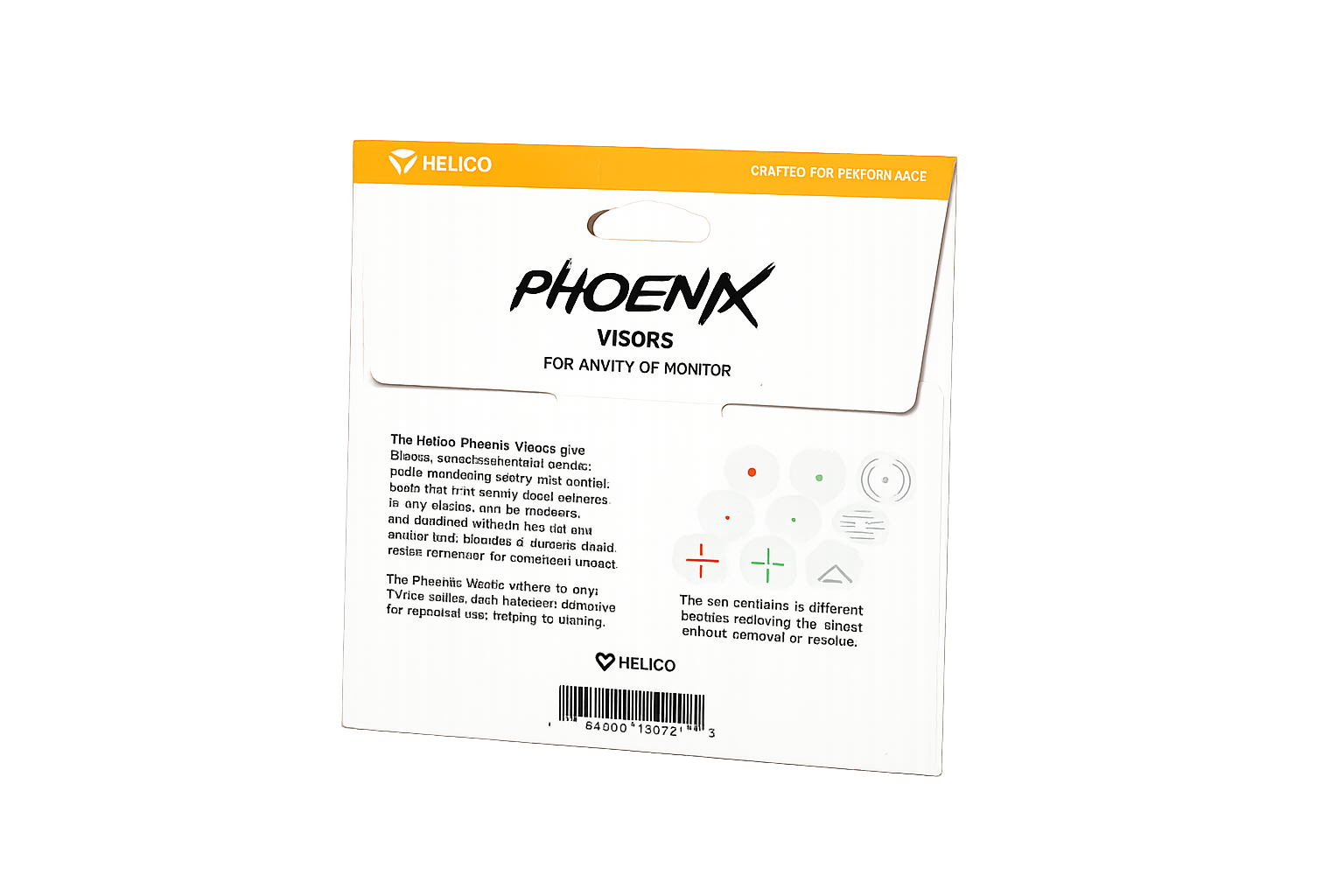 Back of the Helico Phoenix Visors packaging. The box illustrates the set of 6 distinct reusable aiming decal designs included, featuring classic red dots, green crosshairs, and alternative reticle styles for gaming monitors.