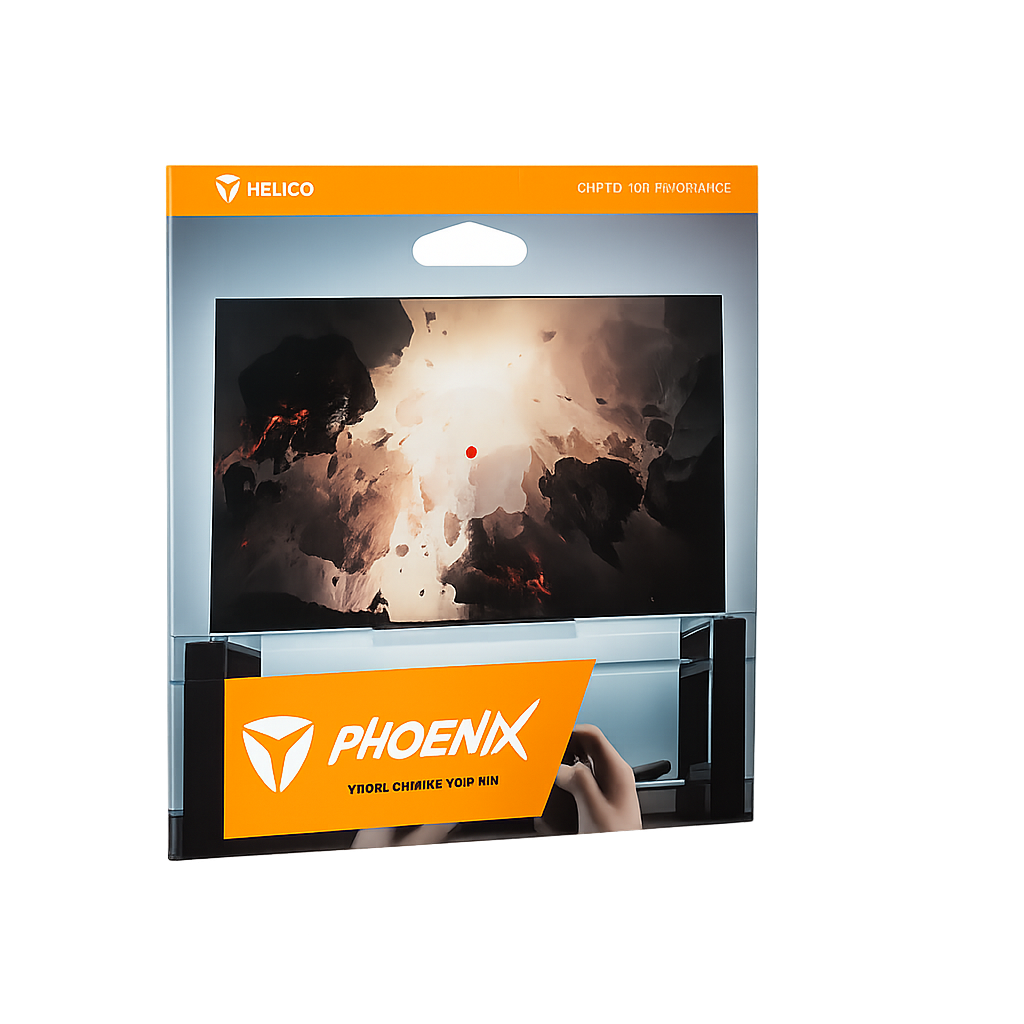 Official packaging of Helico Phoenix Visors. Shows a gaming monitor with the classic red dot screen decal applied, designed to enhance FPS precision.